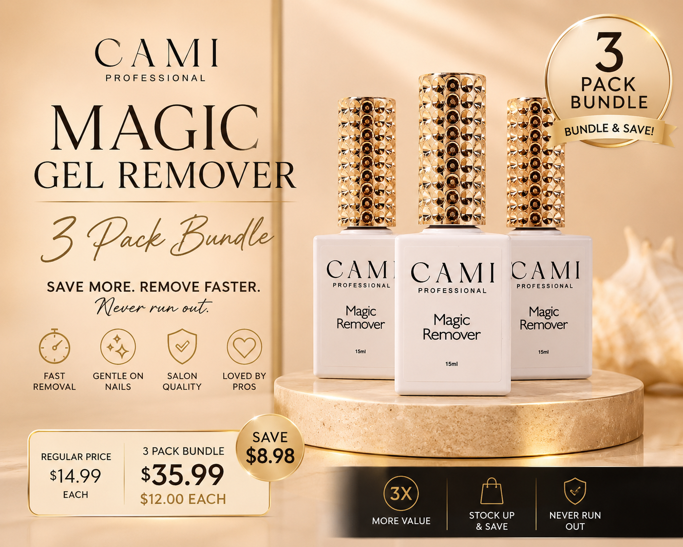 CAMI Magic Remover 3 Pack Bundle | Fast Gel Polish Remover Set | Salon Quality Nail Removal