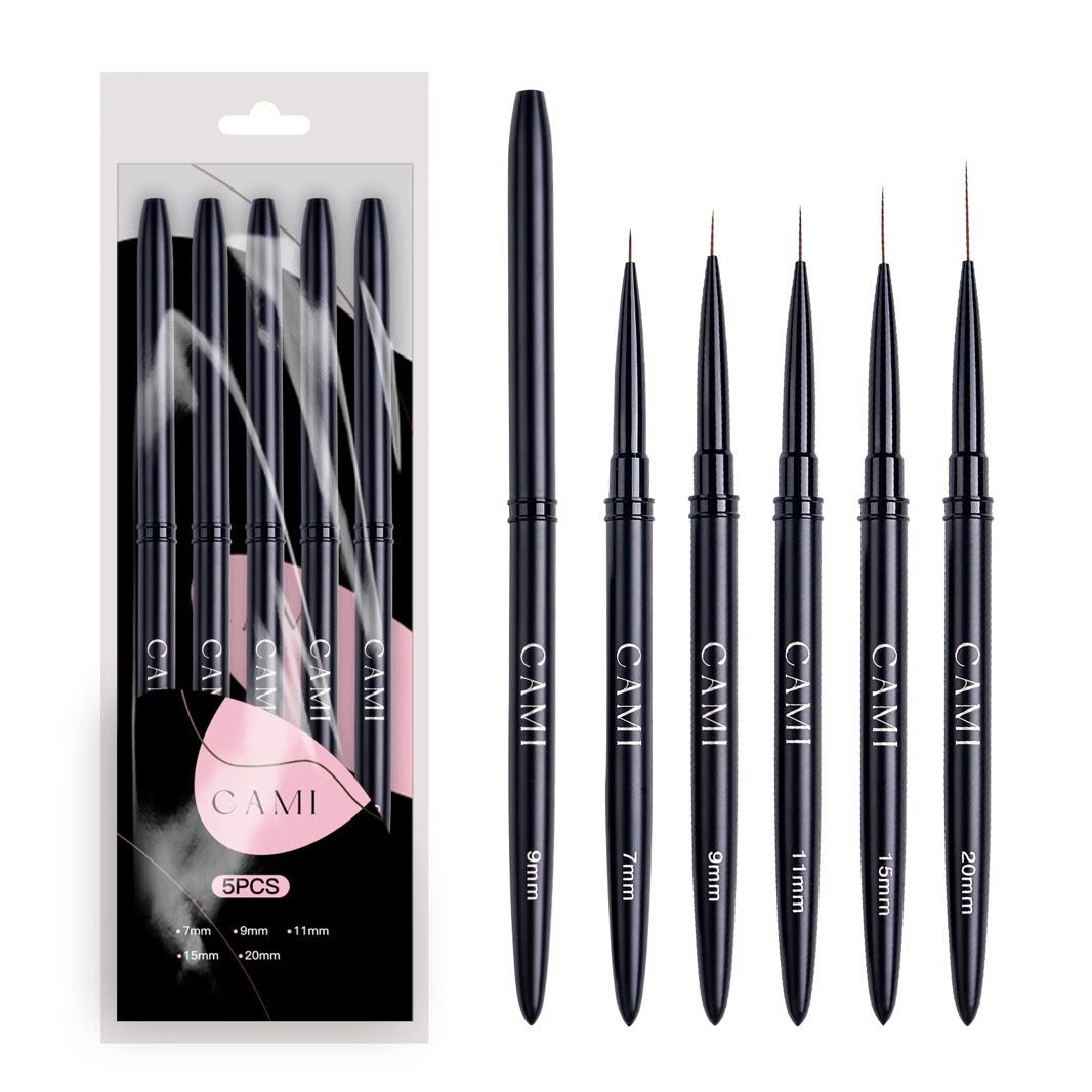 CAMI 5-Piece Nail Art Liner Brush Set – Ultra Fine Detail Brushes (Black)