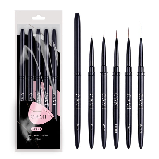 CAMI 5-Piece Nail Art Liner Brush Set – Ultra Fine Detail Brushes (Black)